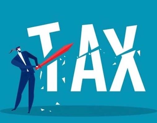 Man cutting the work Tax with a Sword